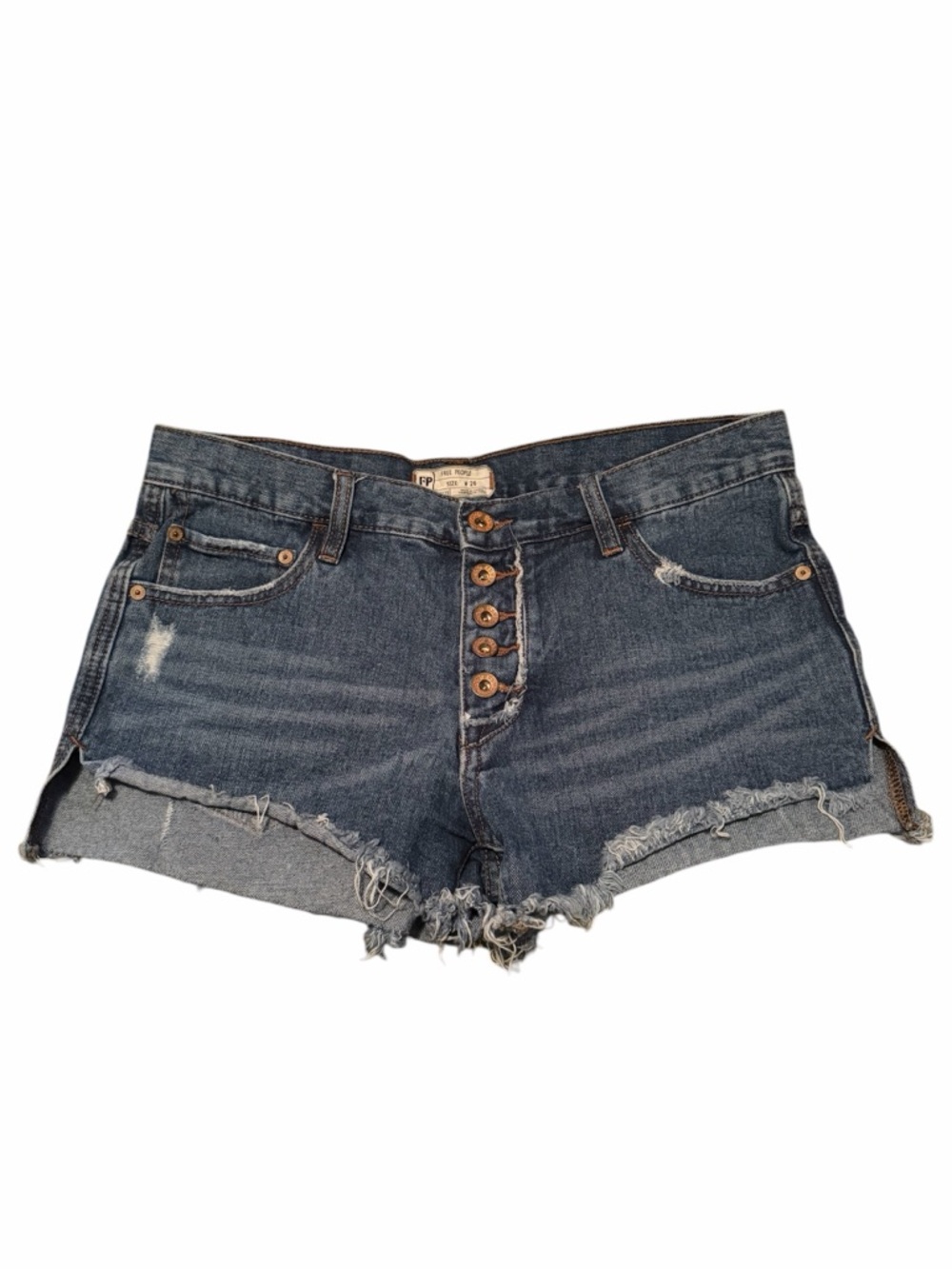 Free People High-Waist Button-Front Distressed Denim Shorts - Dark Blue